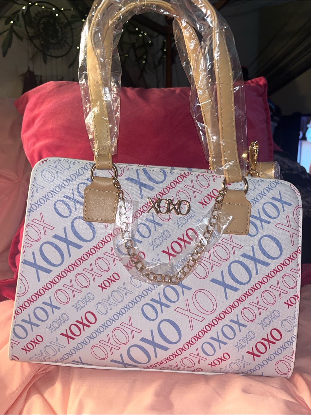 XOXO White Satchel with Red & Blue Logo Print and Tan Handles